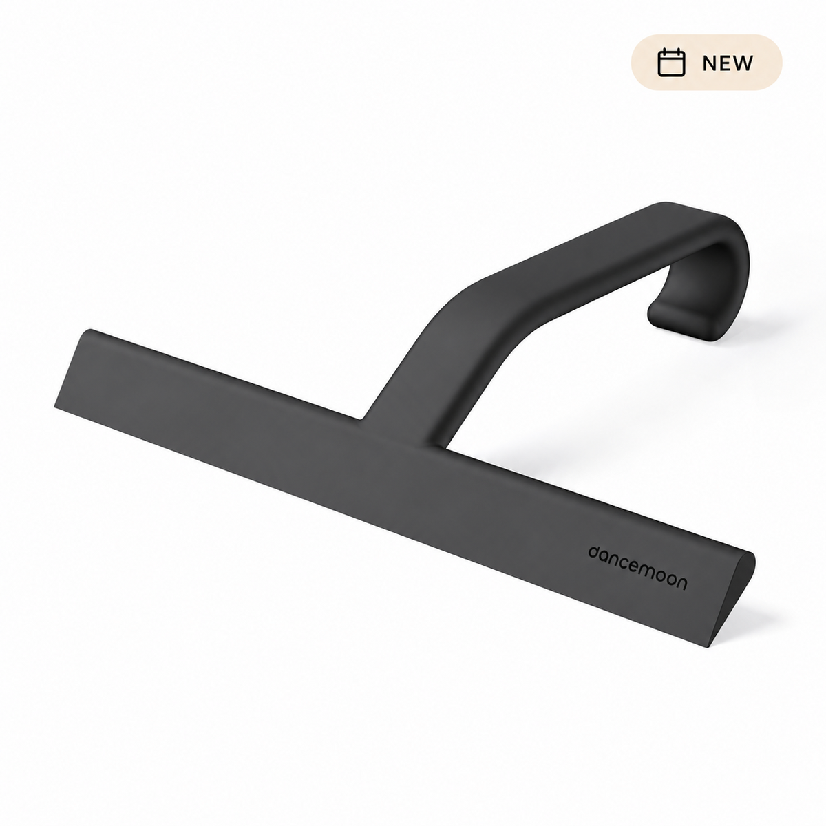 Black dancemoon shower squeegee with built-in hanging hook and NEW badge on white background