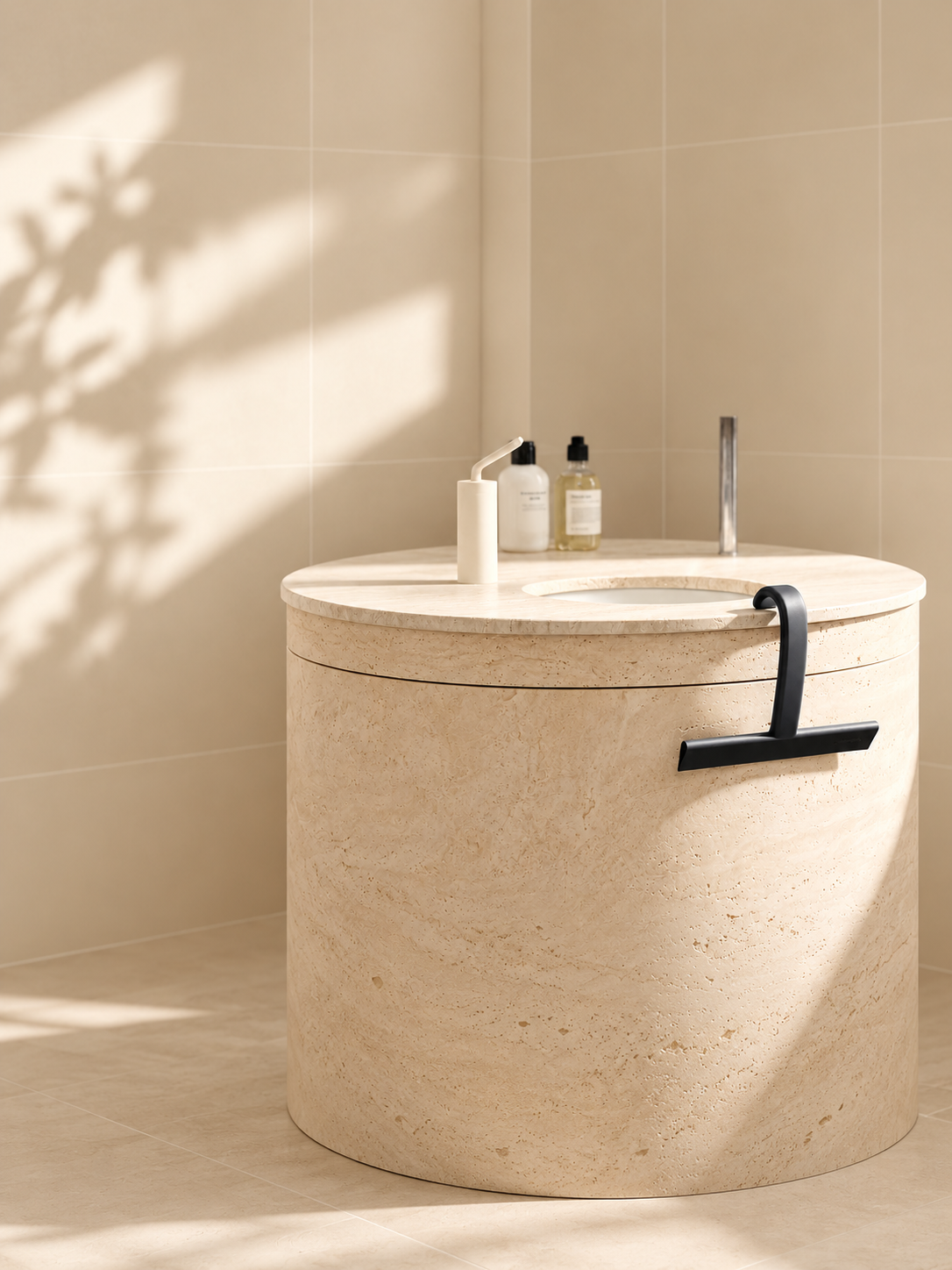 Black dancemoon JustHang shower squeegee hanging on a beige stone bathroom vanity.