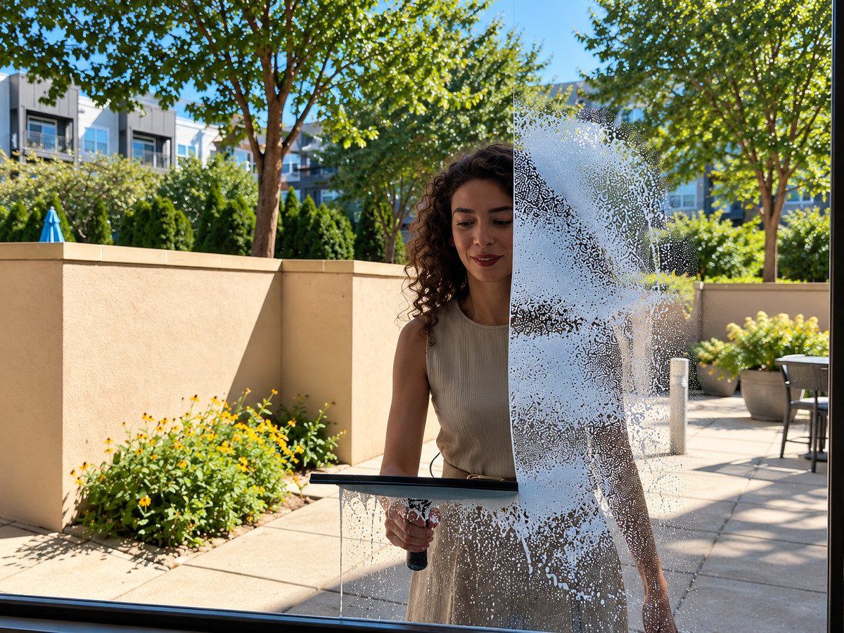 Woman using dancemoon JustHang squeegee to clear soapy outdoor glass