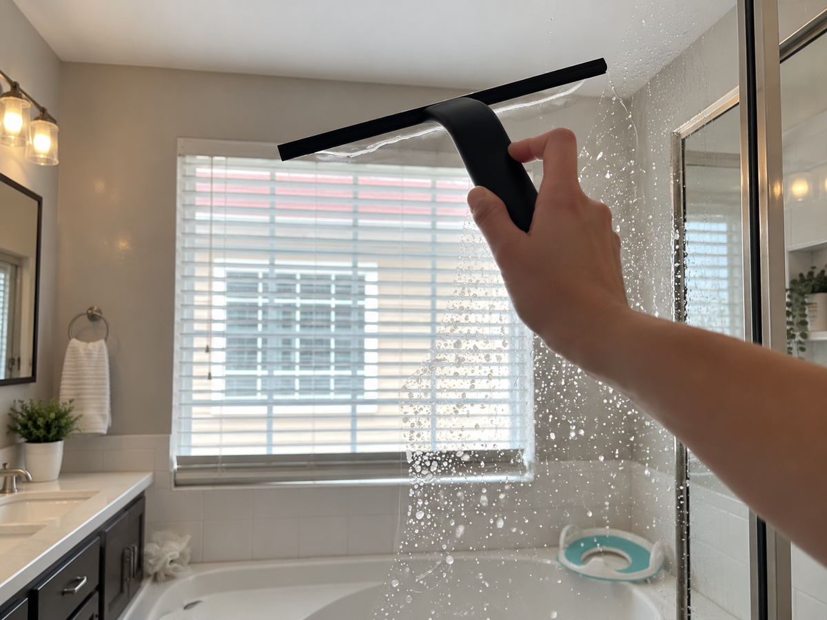 Close-up of dancemoon JustHang squeegee removing water from shower glass