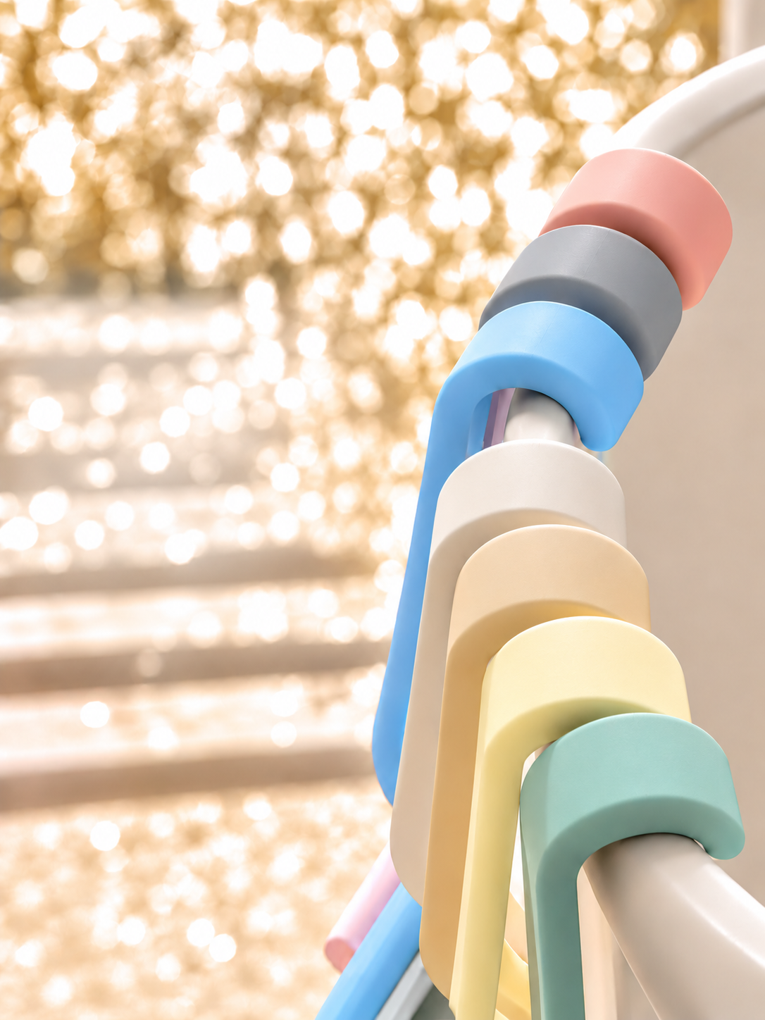 dancemoon JustHang shower squeegees in multiple colors hanging on a rail