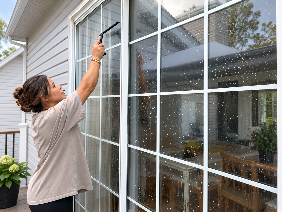Woman cleaning a large exterior window with dancemoon JustHang squeegee