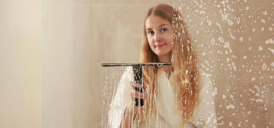 girl squeegees shower door